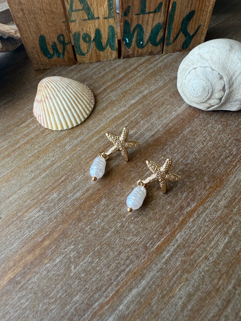 Gold Starfish Pearl Drop Earrings - Picture 11 of 11